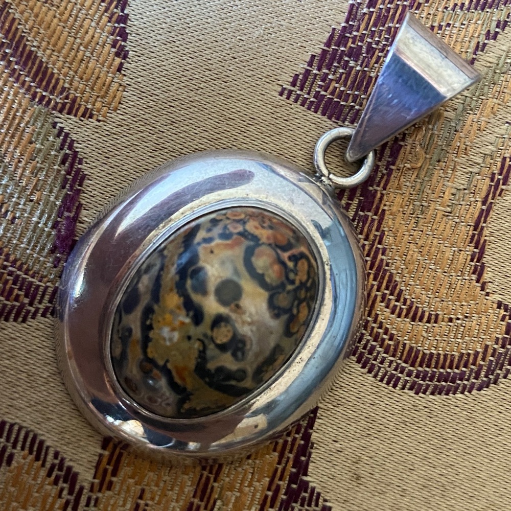 Vintage 925 Sterling Silver Leopard Skin Jasper Pendant – Large Oval Cabochon